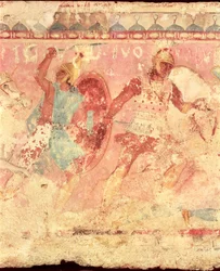紀元前4世紀後半、タルクイーニアの石棺の側にいるギリシャの戦士と戦うアマゾン